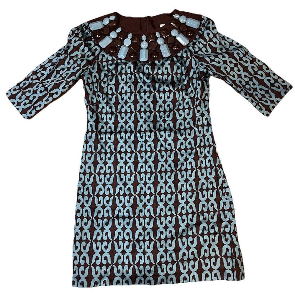 Milly of New York Silk Beaded Collar Shift Mod Dress Size 2 Turquoise Brown